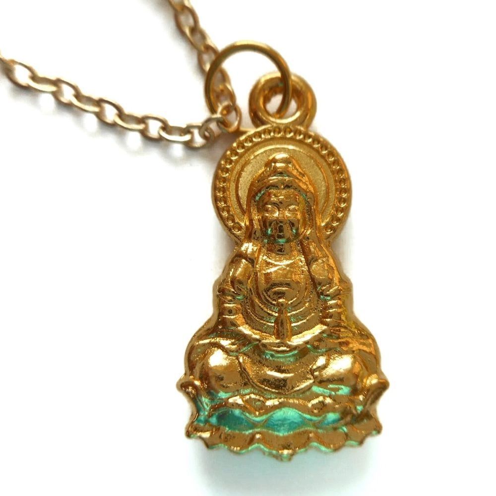 New Guanyin Buddha Mens Gold‎ Rope Necklace Pendant 50 CM Double Side Zinc Alloy
